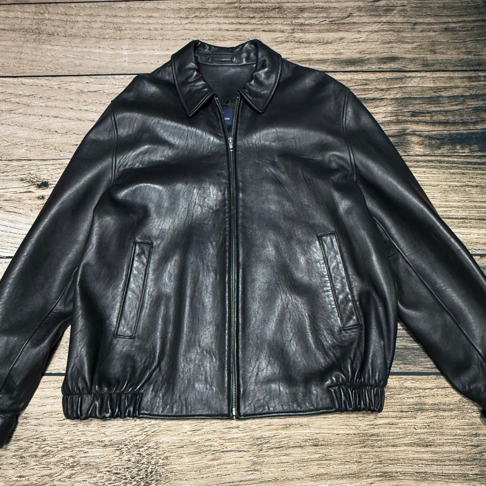 Brooks Brothers 346 Leather Bomber Jacket Mens Large Black Classic Zip Up Coat